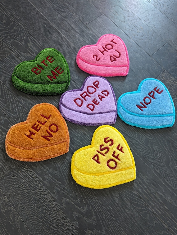 MADE TO ORDER Mean Valentines Day Candy Conversation Word Hearts Tuft Rug Multiple Color Options