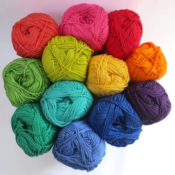 Mercerised  Cotton Yarn in one each of 12 Rainbow Colours - 50g balls plus 3mm hook - Crochet/Knitting/Amigurumi