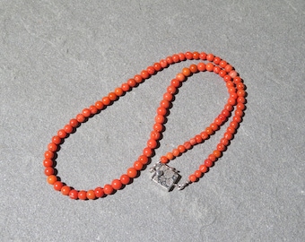 Vintage Mediterranean Coral Necklace: Italian Sterling Silver Clasp, 19"