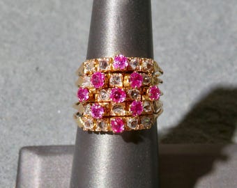 Antique Pink Sapphire and Diamond 'Harem' Ring: 14k Gold, Size 7