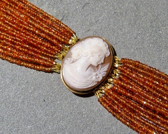Repurposed Cameo Bracelet, Orange Garnet Multi Strand Bracelet, Vintage Cameo Bracelet