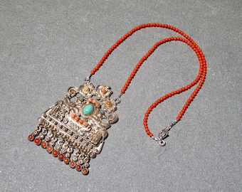 Vintage Matl Sterling Silver Coral Turquoise Pendant Necklace