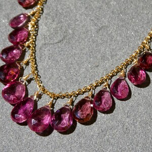 May include: A necklace featuring a delicate gold chain adorned with numerous faceted, teardrop-shaped magenta gemstones. Each stone is individually wire-wrapped and suspended from the chain, creating a cascading fringe effect along the neckline.