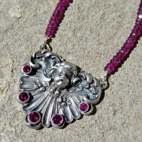 William Kerr Jewelry, Vintage Cupid Necklace, Rhodolite Garnet Necklace