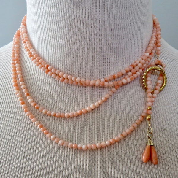 Coral and Gold Lariat, Long Coral Lariat, Angel Skin Lariat Necklace