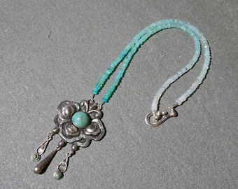 Matilde Poulat Pendant Necklace, Blue Peruvian Opal Jewelry, Repurposed Vintage Brooch