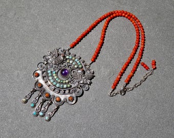 Vintage Taxco Silver Necklace: Matl Style Coral, Turquoise, Amethyst