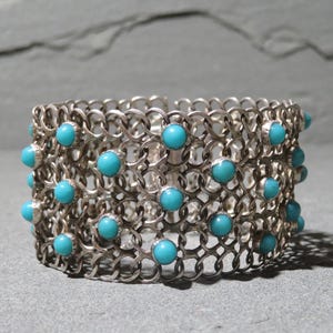 Vintage Taxco Sterling Silver Mesh Armband, Turkosliknande Cabochoner