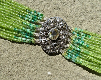 Citrine Bracelet, Peridot Bracelet, Repurposed Citrine Brooch, Multi Strand Peridot Bracelet