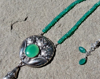 Antique Danske Kunst Smerte Pendant, Green Onyx Necklace, Repurposed Antique Danish Jewelry