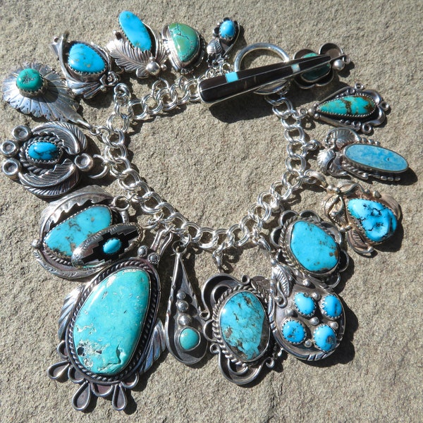 Turquoise Charm Bracelet, Vintage Native American, Vintage Turquoise Bracelet