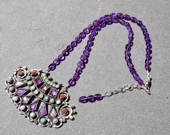 Matl Style Amethyst Necklace: Vintage Taxco Turquoise & Coral Pendant