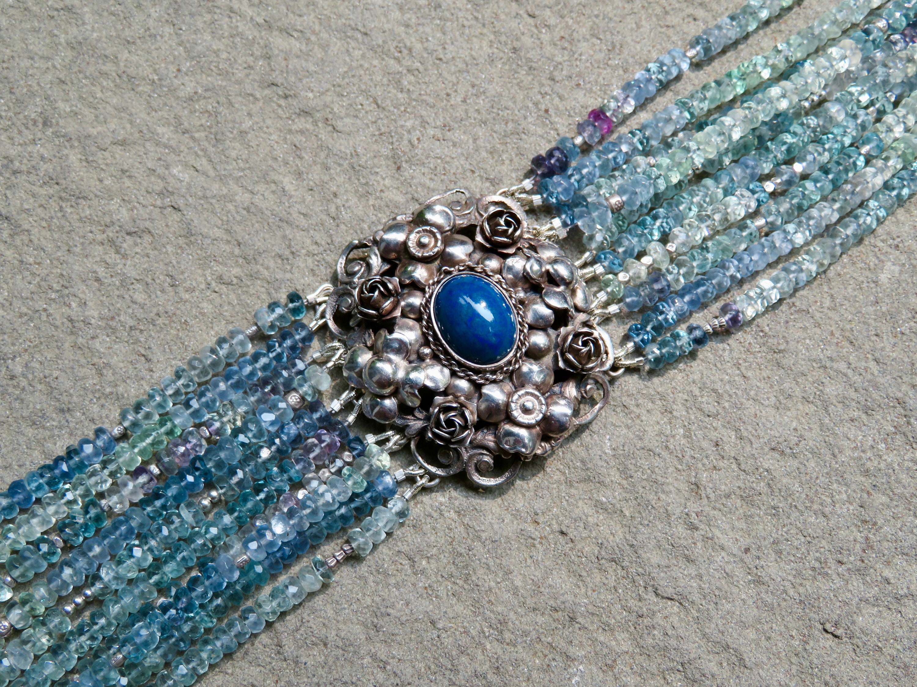Vintage Peruzzi Jewelry, Multi Strand Fluorite Bracelet, Lapis Brooch Bracelet