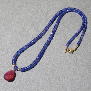Tanzanite Necklace with Pink Tourmaline Drop & 18K Gold Beads