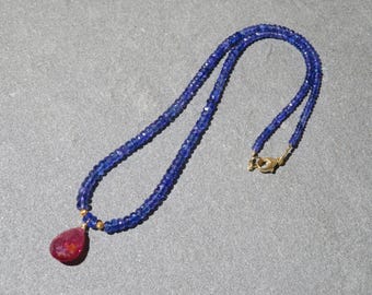 Tanzanite Necklace with Pink Tourmaline Drop & 18K Gold Beads