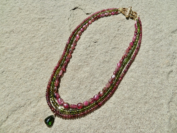 Bicolor Tourmaline Necklace: Pink & Green Gemstone, Gold Filled Clasp