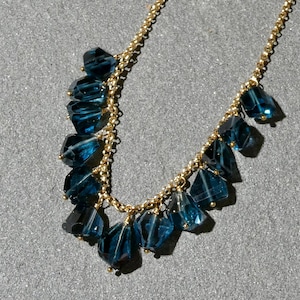 London Blue Topaz Charm Necklace: Gold Filled Chain, Gemstone Nuggets