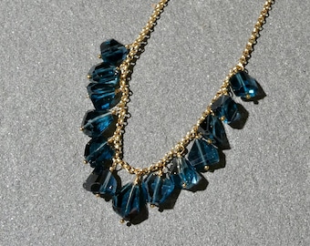 London Blue Topaz Charm Necklace: Gold Filled Chain, Gemstone Nuggets