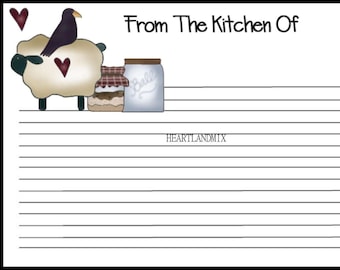 Printable Recipe Card Download Primitive Country Sheep, Heart, Crow, Bridal Shower, Rustic Farmhouse Recipe Cards