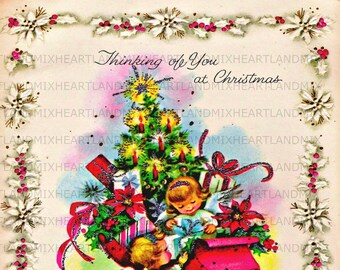 Vintage Thinking of you at Christmas Angel and Pink Sleigh Digital Image Download Printable Cards/Tags/Transfers/Labels/Logos/Scrapbooking