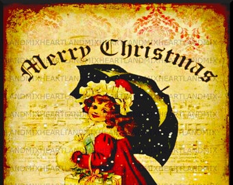 Vintage Victorian Xmas Girl with Umbrella and Sheet Music Digital Image Download Printable Altered Art