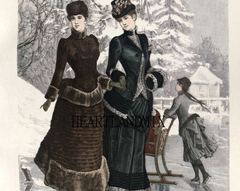 Victorian Skaters Printable Christmas Digital Wall Art Image Download