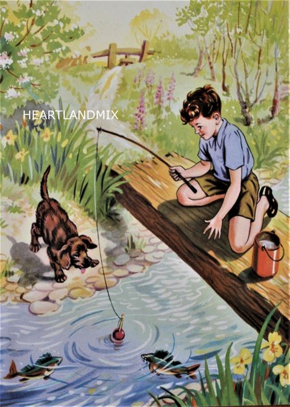 Vintage Digital Image Download Printable Wall Art Boy Fishing With