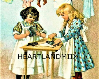 Vintage Young Girls Ironing Laundry Room Farmhouse Decor Wall Art/tags/scrapbook Digital Image Download Printable