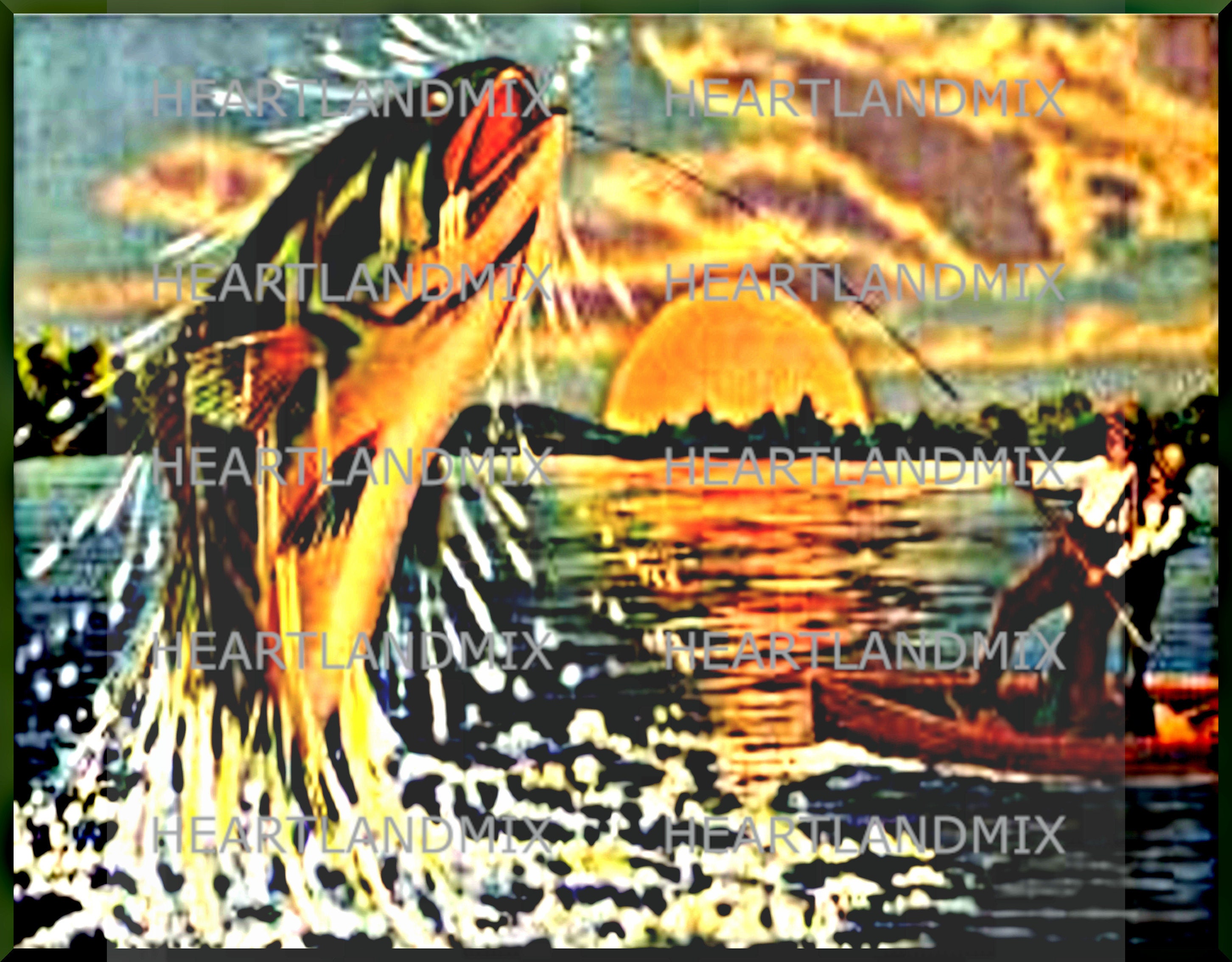 Vintage 1940s Fishing at Sunset Bass Fish Wall Art Digital Image