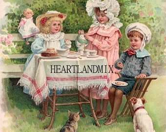 Antique Victorian Childrens Tea Party in the Garden Digital Image Printable Wall Art Download