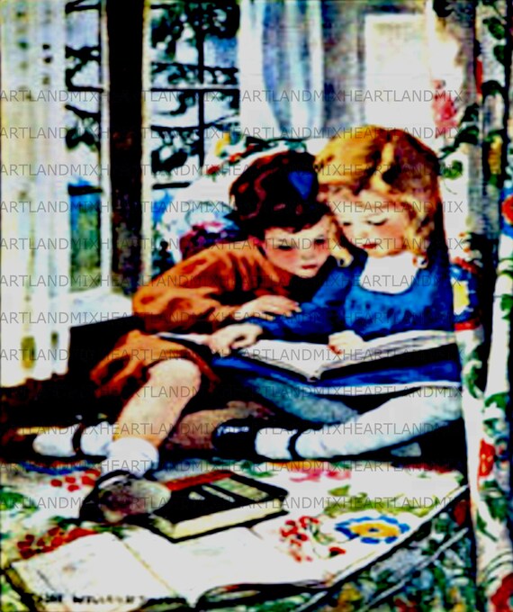 Vintage Children Reading a Book Illustration Digital Image - Etsy
