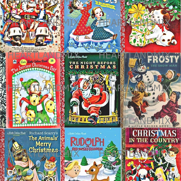 Retro Vintage Christmas Reading Book Covers Collage Set Illustration Digital Image Download Printable