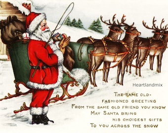 Christmas Santa with Sleigh and Reindeer Vintage Post Card Verse Digital Image Download Printable