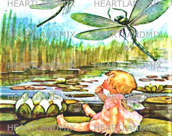 Vintage Waterlily Baby Fairy Digital Download Printable Image wall art Illustration