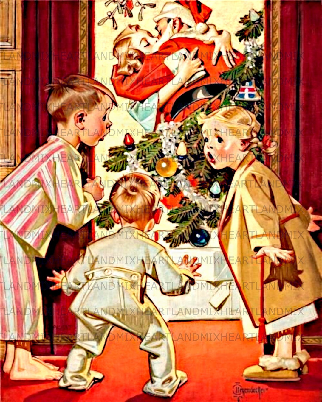 Vintage Christmas Children See Mom and Santa Kissing Wall Art Digital