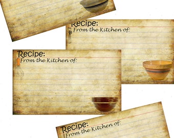 Printable Recipe Card Download Primitive Farmhouse Stoneware, Bridal Shower, Rustic Recipe Cards