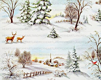 Printable Christmas Wrapping Paper Digital Image Download Vintage Woodland Winter