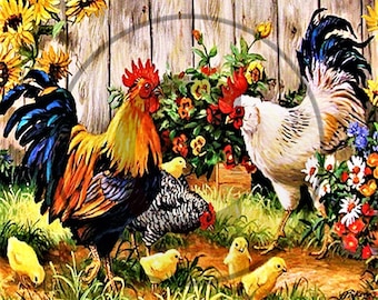 Vintage Chicken, rooster, hens, chicks, digital, download printable wall art image, Pantry Logo Label, Crock Jar Labels, Pillow Transfers