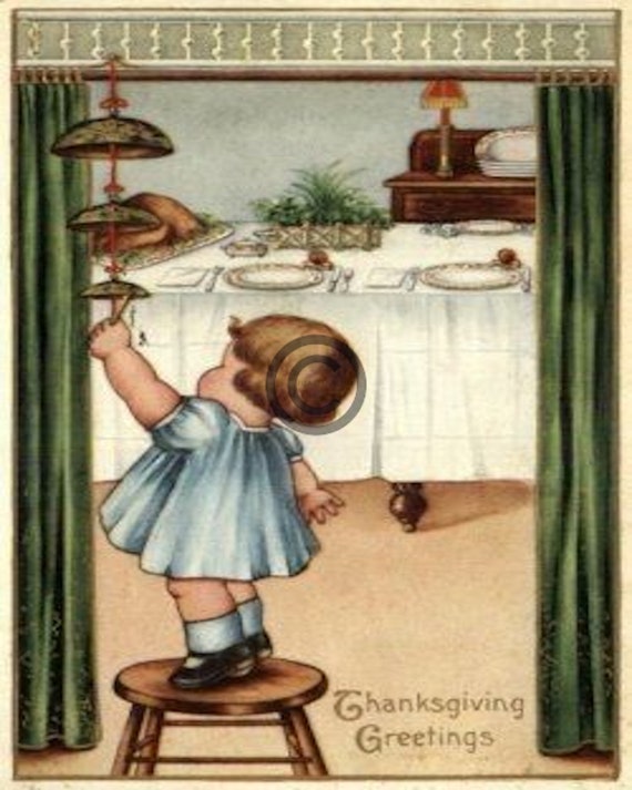 Girl Ringing Dinner Bell for Thanksgiving Greeting Digital Etsy