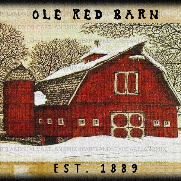 Farmhouse Country Red Barn in Winter Wall Art Print Digital Download Ready to Frame Logos Transfer Labels Tags