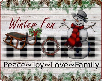 Primitive Vintage Winter Fun Digital Image Feedsack Logo for Pillows Pantry Labels Hang tags Magnets Ornies