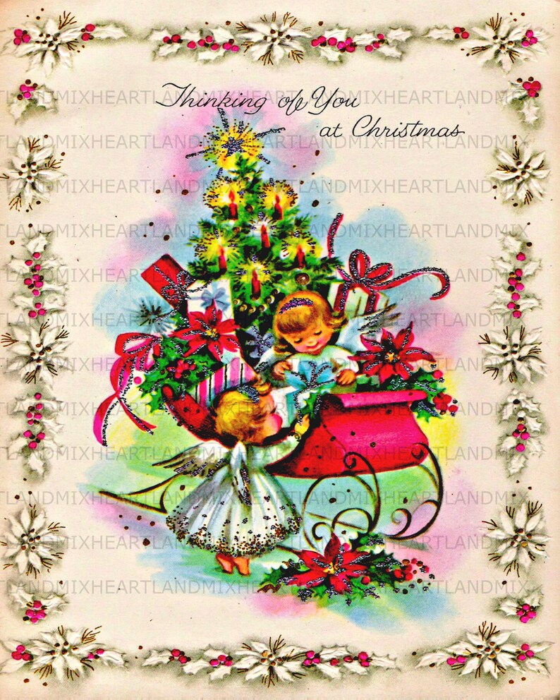 Vintage Thinking of You at Christmas Angel and Pink Sleigh - Etsy