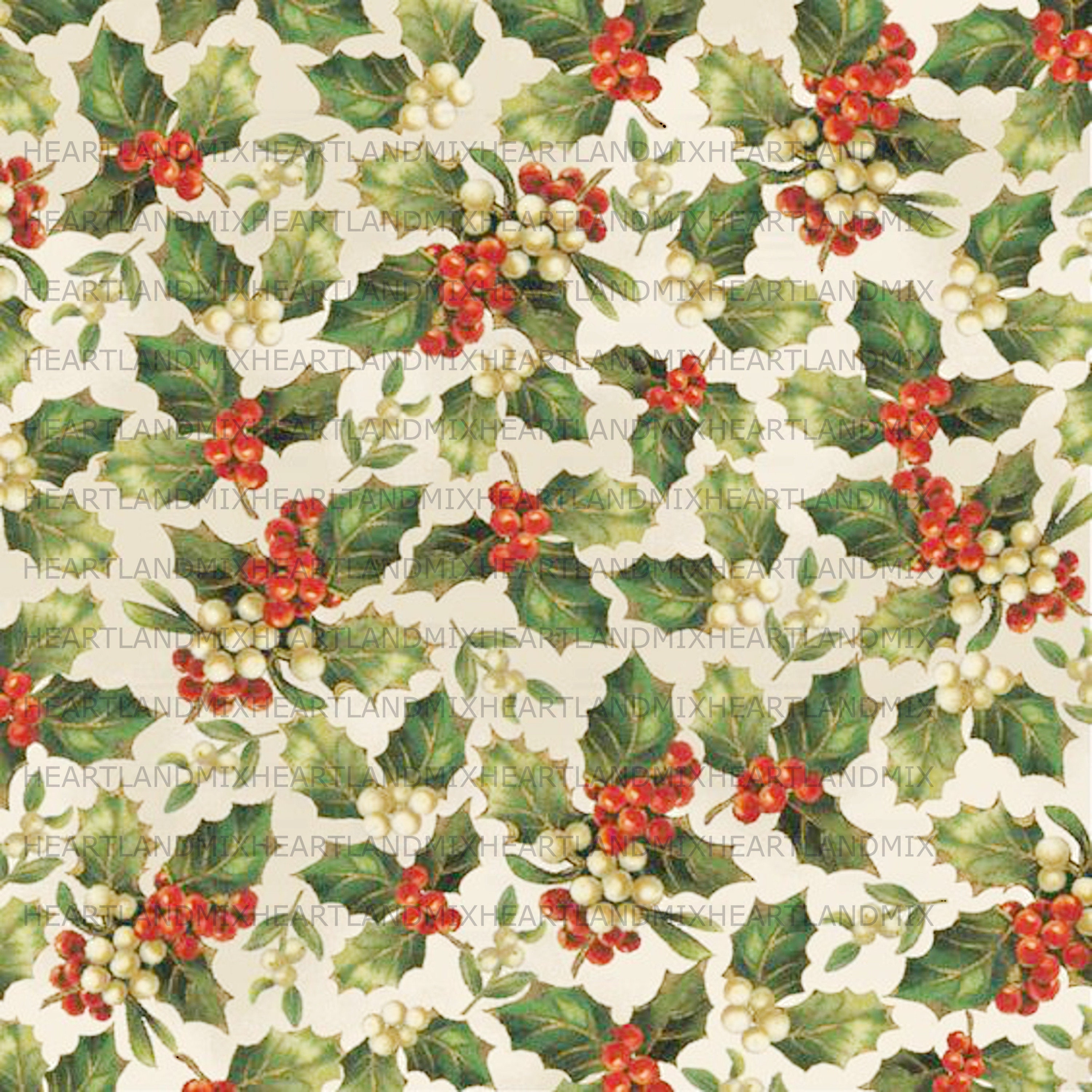 William Morris Inspired Christmas Wrapping Paper Traditional Green Twigs  and Red Holly Berries Design Recyclable, Uncoated, Eco-friendly 