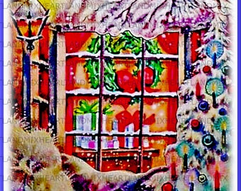 Christmas Window Scene Digital Image Vintage Download Printable Cards/Tags/Scrapbooking/Journal Pages