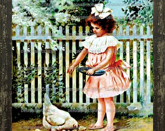 Girl feeding Chickens Download, Printable Digital Wall Art Image Instant Download