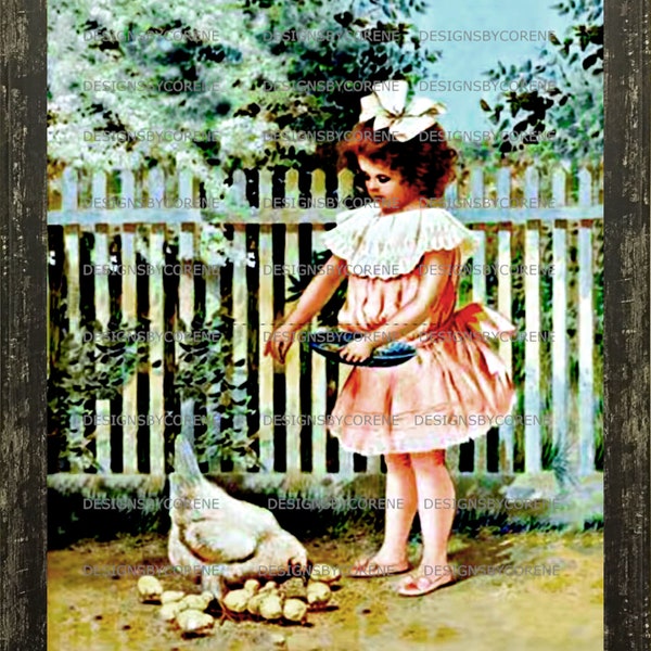 Girl feeding Chickens Download, Printable Digital Wall Art Image Instant Download