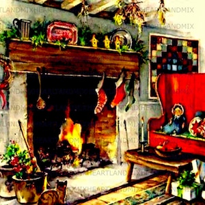 Christmas Eve Fireplace Digital Image Downloadable, Printable Digital Art Image Instant Download