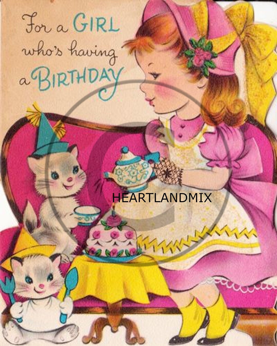 Vintage for a Girl Happy Birthday Card Download Printable Digital Image ...