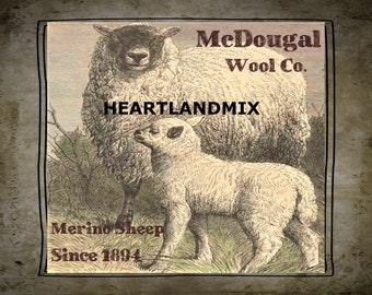 Primitive Vintage McDougal Wool Co. Sheep Digital Image Feedsack Logo for Pillows Pantry Labels Hang tags Magnets Ornies