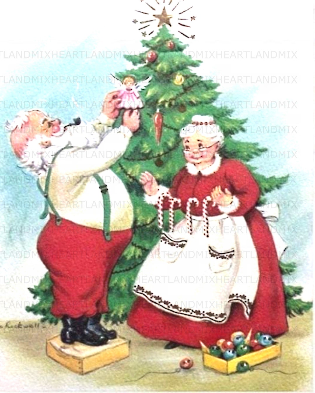 Vintage Santa and Mrs Claus Decorating the Christmas (Instant Download